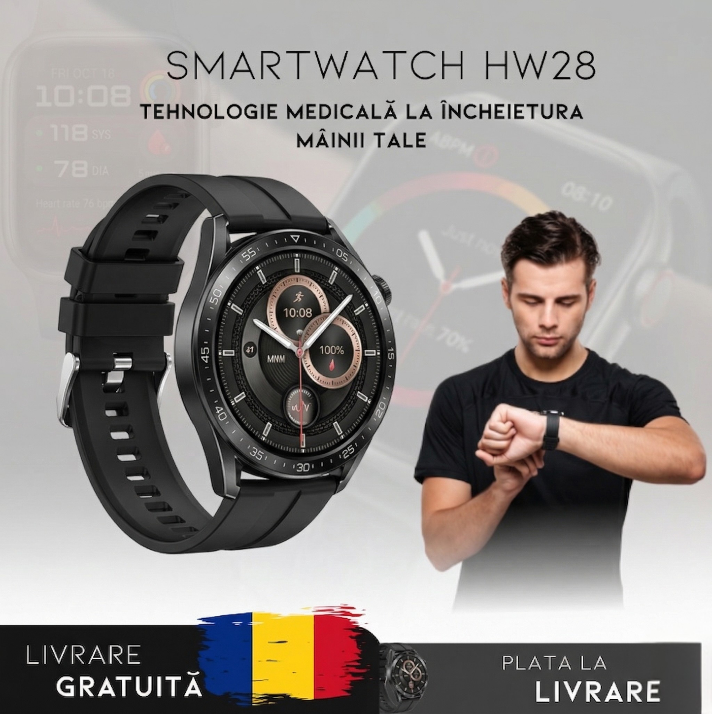 Smartwatch HW28 - Ceas Medical 3 în 1 (Glicemie, Tensiune, Risc de AVC) | Meniu în română
