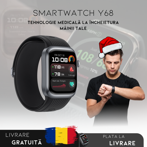 PROMOTIE DE CRĂCIUN: Smartwatch Y68: Monitorizare Inteligentă | Meniu în Română