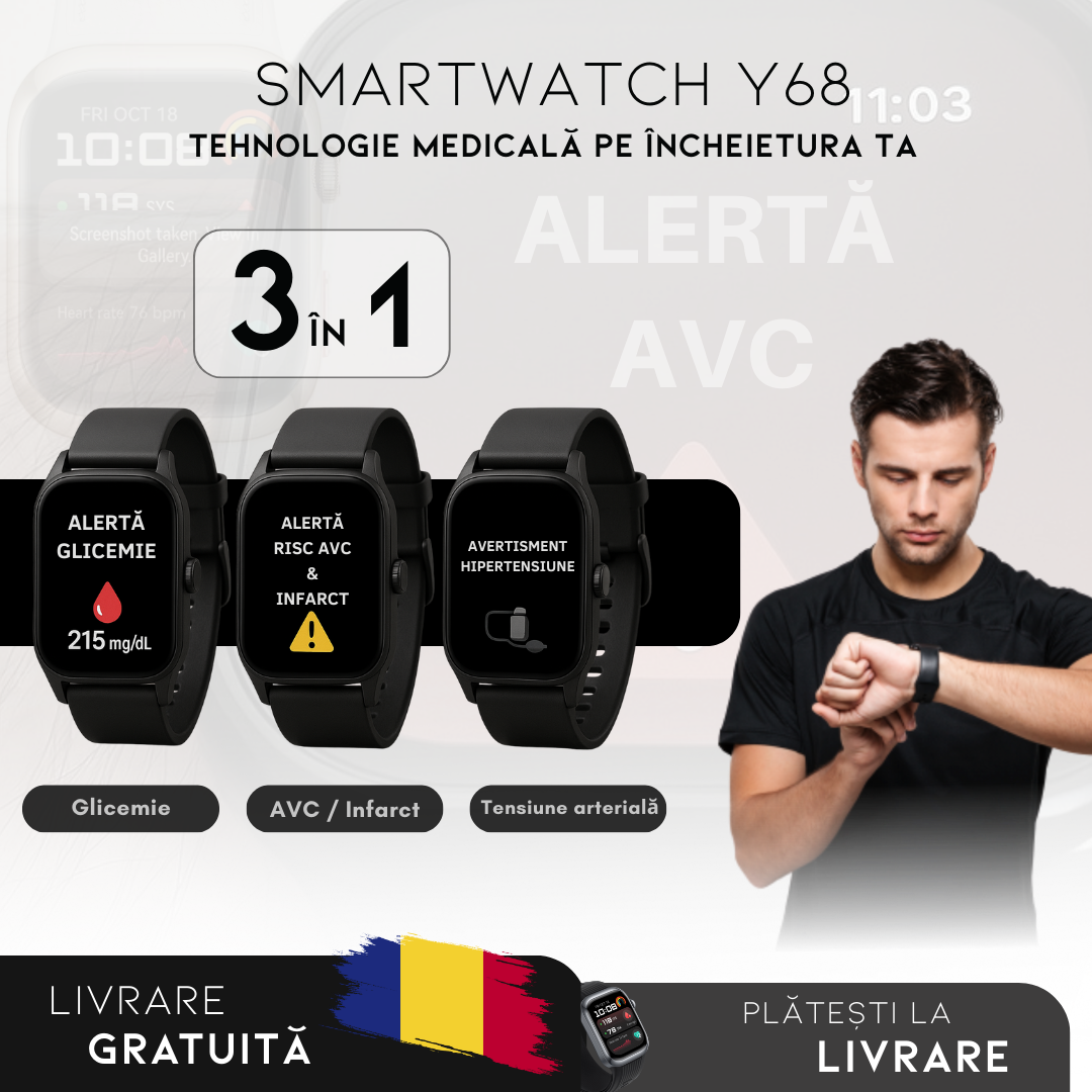 Smartwatch Y68 – Monitor Medical 3 în 1 (Glicemie, Tensiune, Risc AVC) | Meniu în română