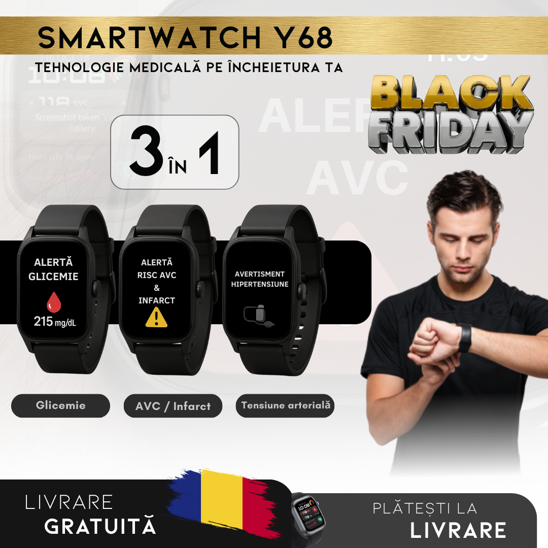 BLACK FRIDAY: Smartwatch Y68 – Monitor Medical 3 în 1 (Glicemie, Tensiune, Risc AVC) | Meniu în română